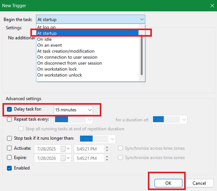 Delay a Task with Startup delay of 15 minutes.