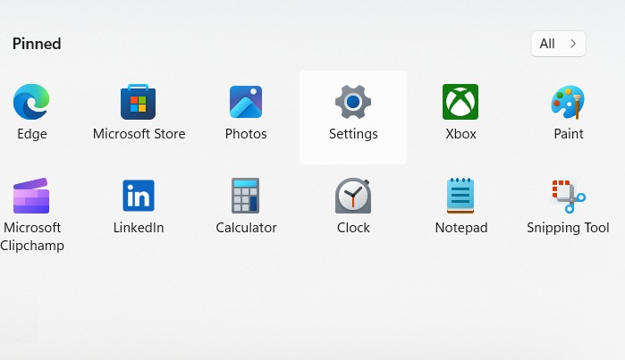 Settings app in Pinned menus section of Windows 11 search bar.