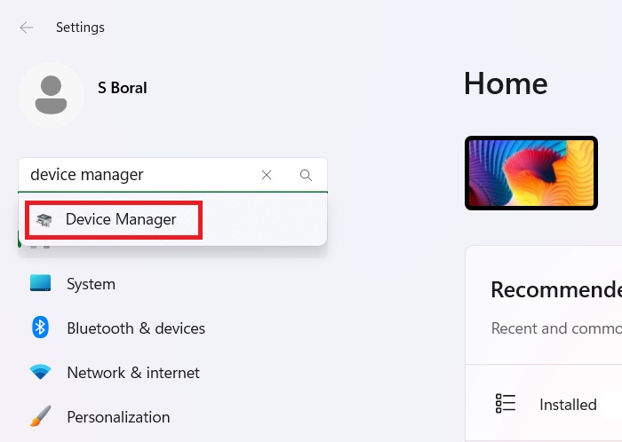 Typing 'Device Manager" within the search box of Settings app.