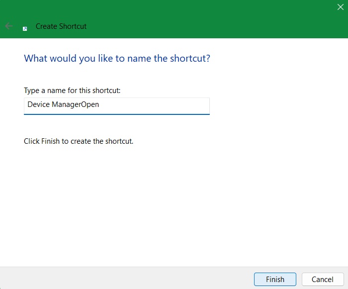 A shortcut named something followed by Finish.