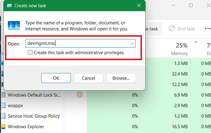 Typing "devmgmt.msc" in Task Manager's new task. Also admin privileges shown.