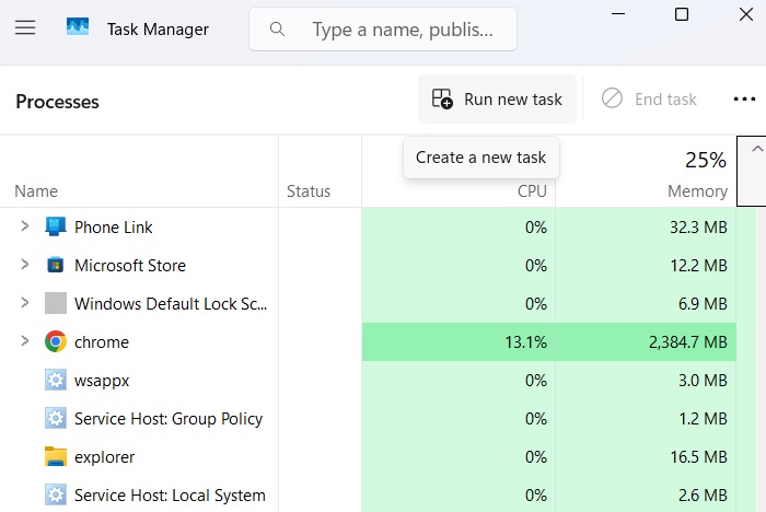Create New Task in Task Manager.