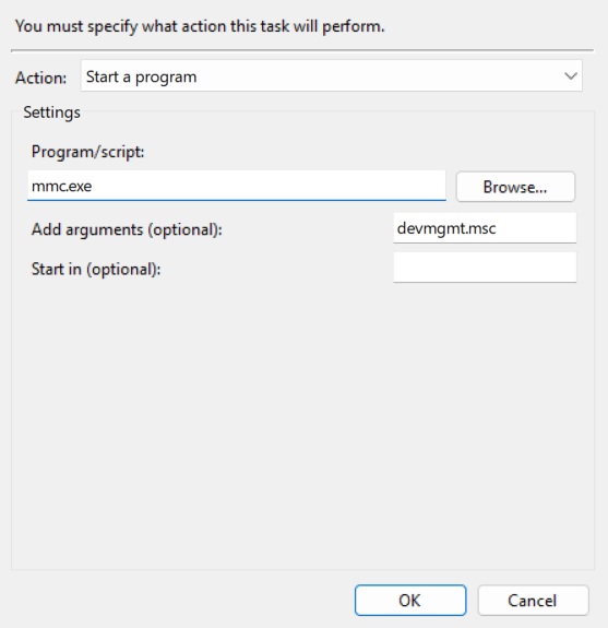 Device Manager Open Task Scheduler Action Defined