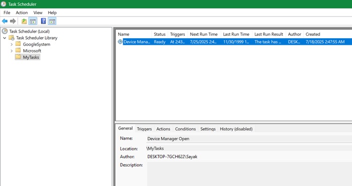 A newly created task is visible on Task Scheduler window.