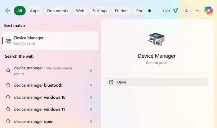 Open Device Manager by typing in inside the Windows 11 search bar.