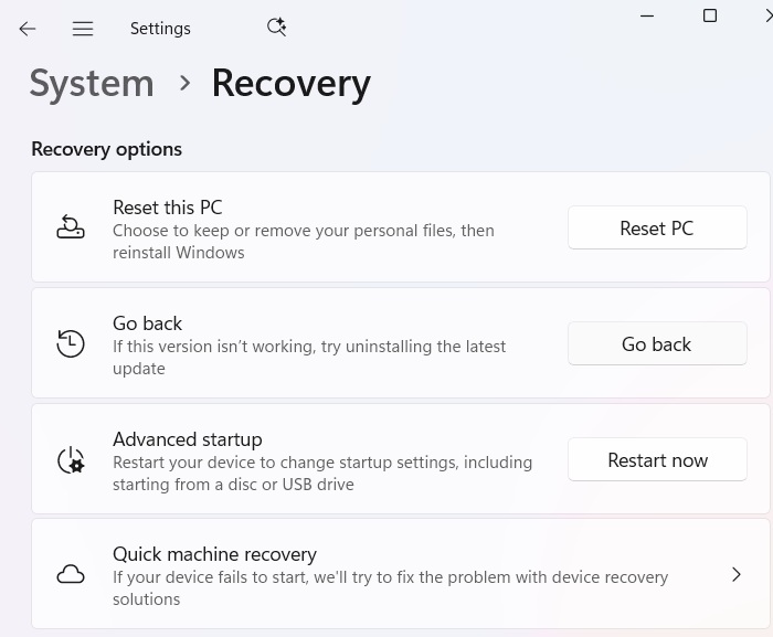 "Go back" option under Recovery in Windows 11.