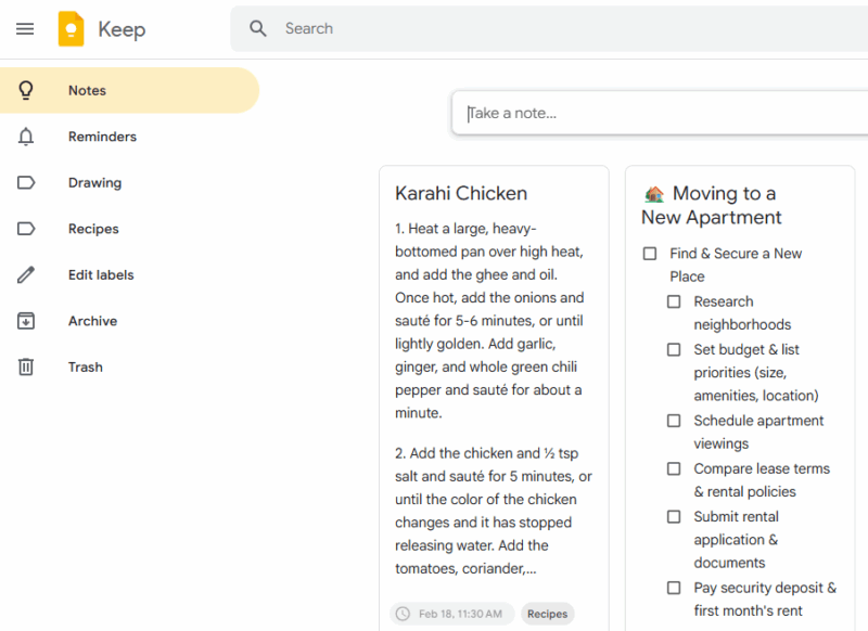Google Keep Notes Interface