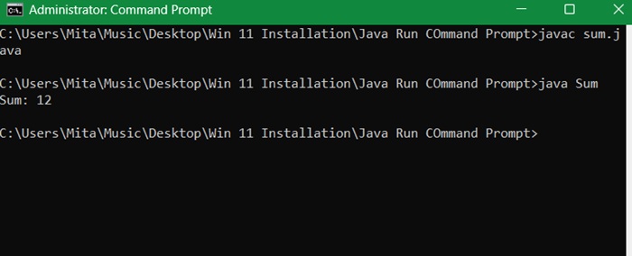 The arithmetic sum of two pre-stored numbers displayed when java is run.