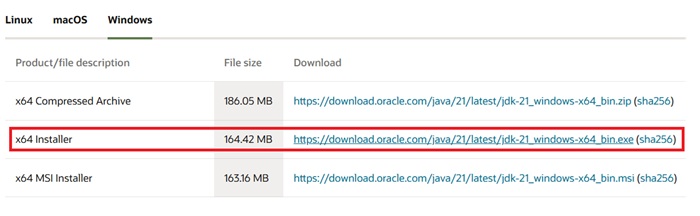 Downloading the latest x64 installer (EXE) for Java in Windows.