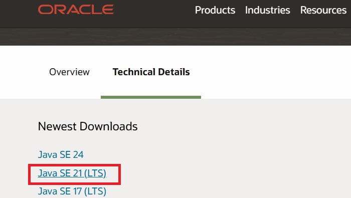 Java latest LTS stable version being downloaded from official Oracle website.