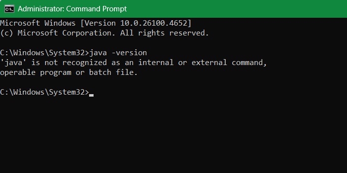 The command prompt shows "Java is not recognized as an internal or external command."