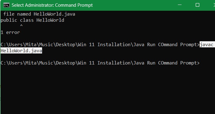 Java program executed in the Prompt using "javac" command.