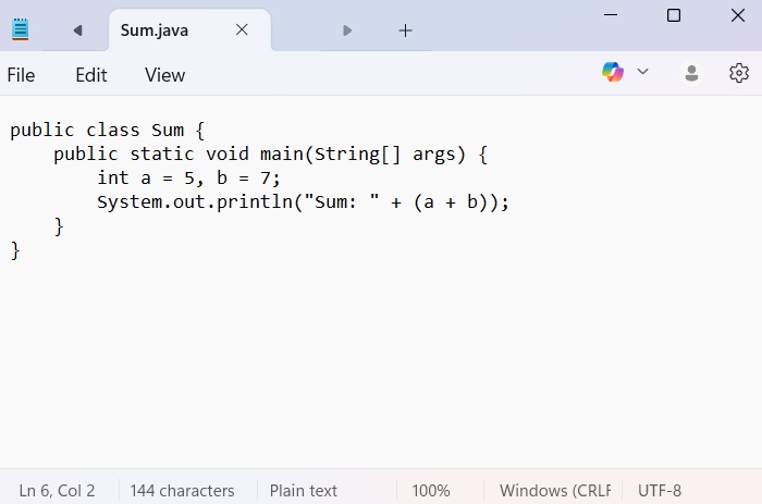 Save a sum file in Java in Notepad as shown above.