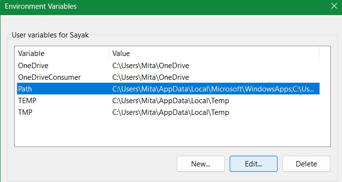 java-program-change-path-003 Setting a Path variable in the list by clicking Edit.