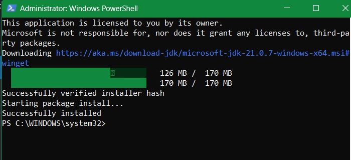 Java installation is shown as successful in Windows PowerShell.