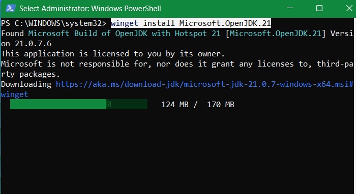 Java being downloaded and installed via Winget.