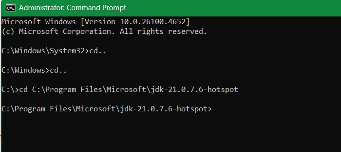 Using cd command to map to exact folder path containing Java installation.