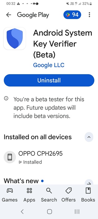 Android System Key Verifier app is shown as "Installed" on Google Play.