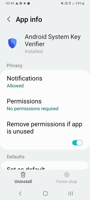 Android System Key Verifier app is shown installed on Android device, "App info."