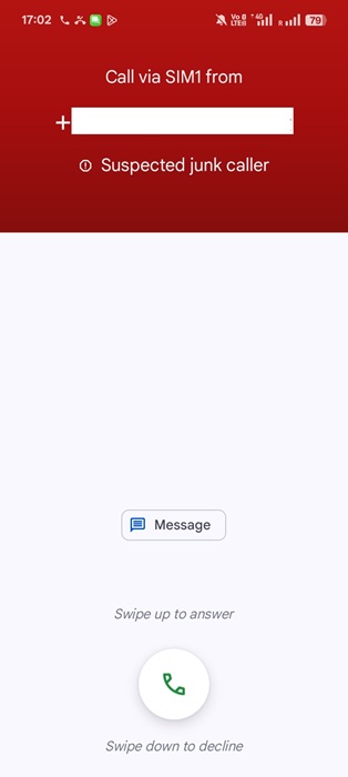 An unknown incoming call automatically diagnosed as a junk/spam call thanks to Android System Key Verification.