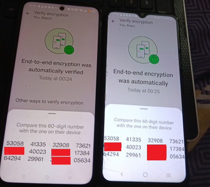 Comparing 60-digit numbers for contact verification in WhatsApp.