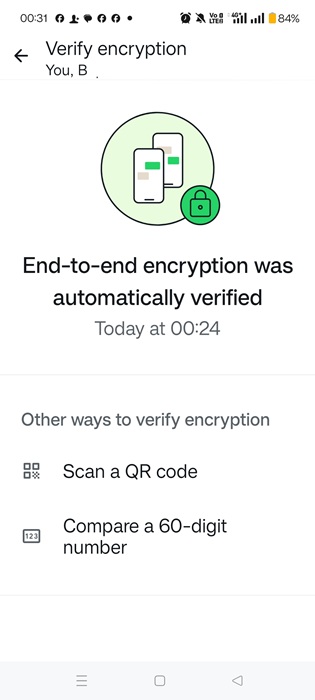 End-to-end verification for a contact successful in WhatsApp on Android.