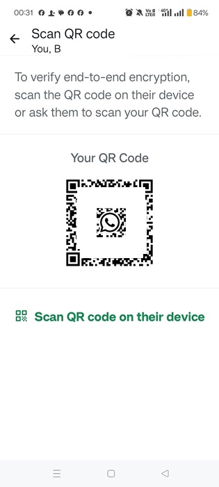 Scanning QR codes options visible on a WhatsApp's contact.