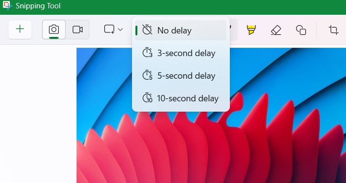 Snipping Tool app with delayed timer showing various options.