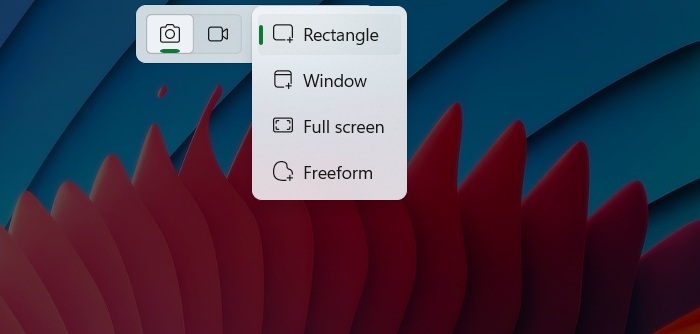 Win + Shift + S leading to Snipping Tool overlay with Rectangle, window, and other options.