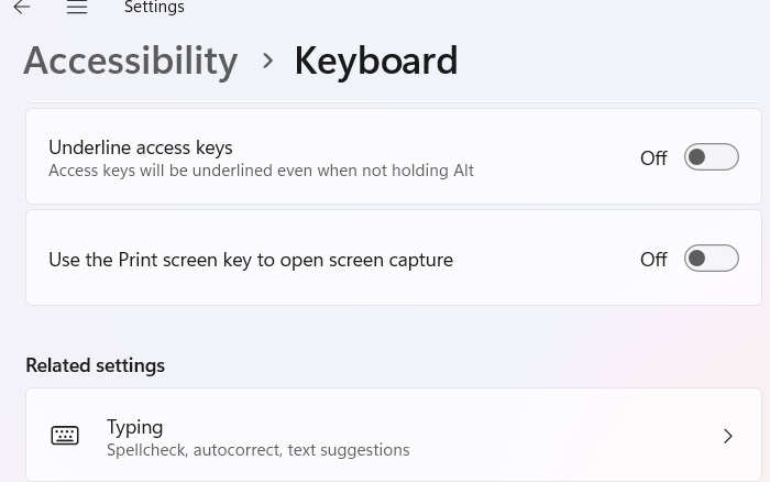 Keeping the option to open screen capture tool with PrtScn disabled in Accessibility.