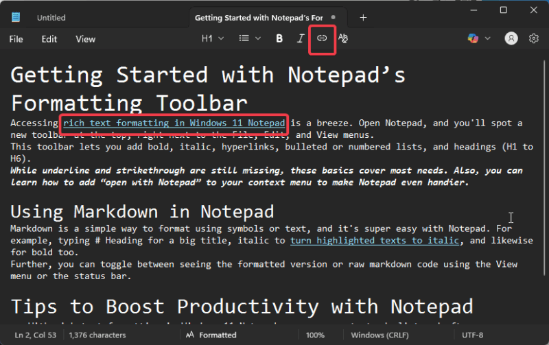 Use Interlinks Formatting Notepads Windows 11