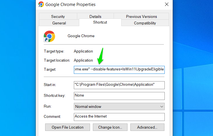 Chrome properties with target field appended