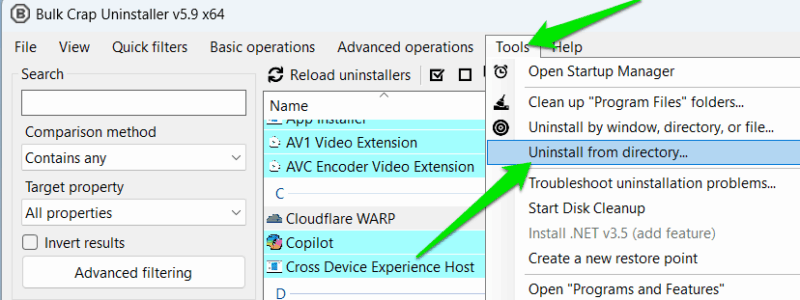 Bulk Crap Uninstaller Tools menu