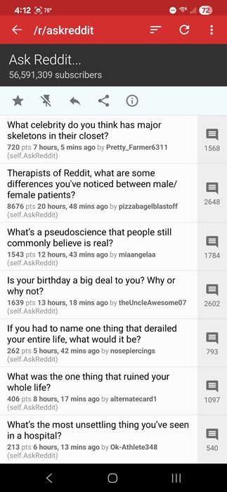 Using the Reddit client RedReader.