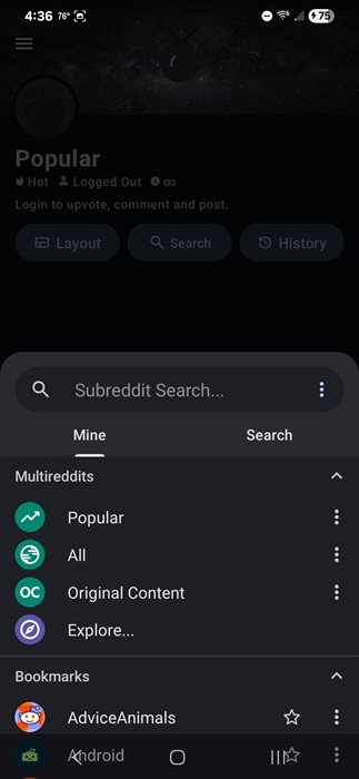 Using Relay for Reddit to search for subreddits.