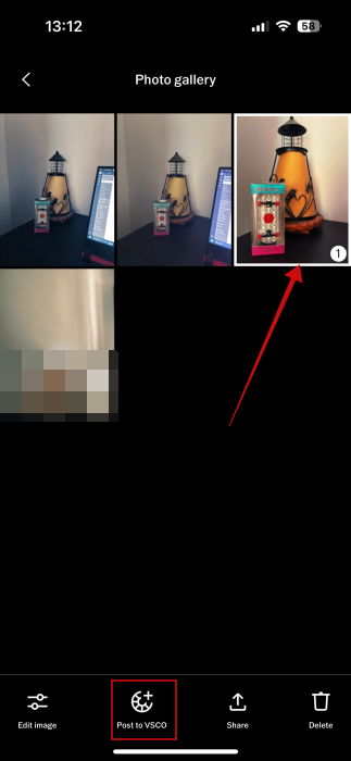 Selecting option to "Post to VSCO" in Capture app.