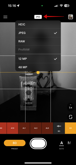 Switching the type of file you want to shoot in in the Capture app.