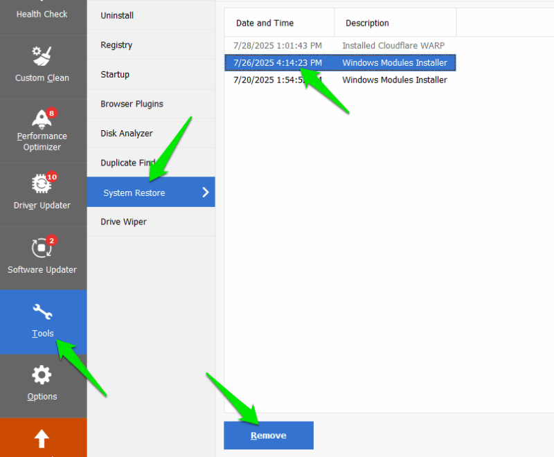 Deleting restore points in CCleaner