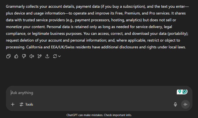 ChatGPT summarizing Grammarly privacy policy