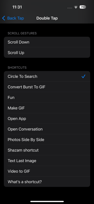 Selecting shortcut for Double Tap action on iPhone.