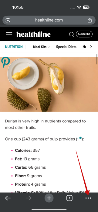 Tapping on three dots button in Chrome on iPhone.