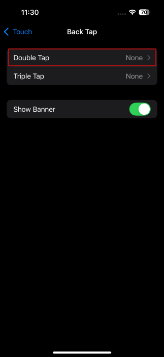 Opting for "Double Tap" option in iPhone Settings.