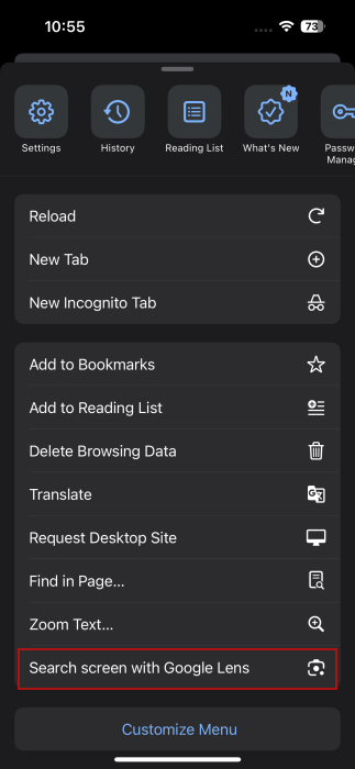 Opting for "Search screen with Google Lens" option in Chrome on iPhone.