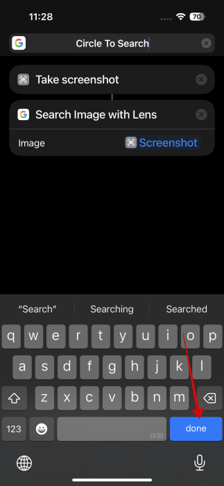 Pressing "Done" to save new shortcut in Shortcuts app on iPhone.