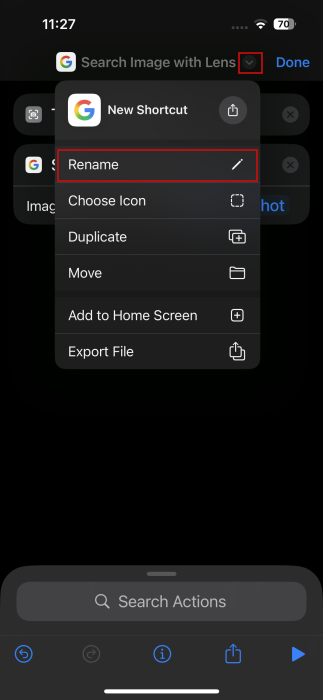 Renaming new shortcut in Shortcuts app on iPhone.