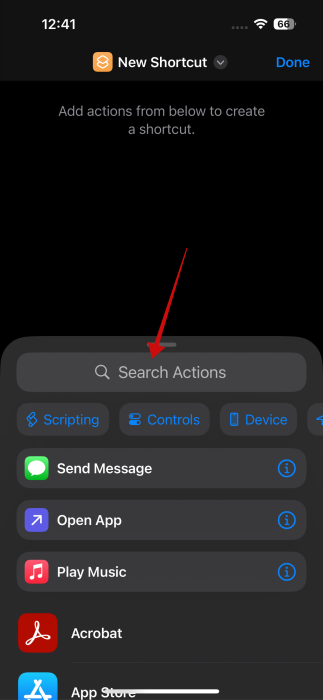 Tapping on "Search Actions" bar in Shortcuts app on iPhone.