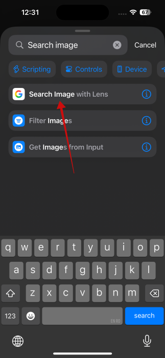 Adding "Search Image with Lens" action in Shortcuts app on iPhone.