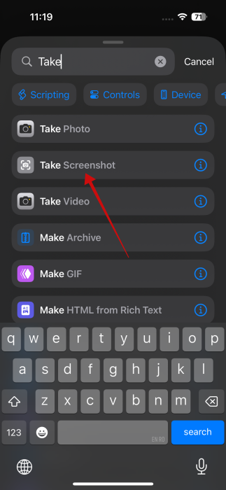 Adding "Take Screenshot" action in Shortcuts app on iPhone.