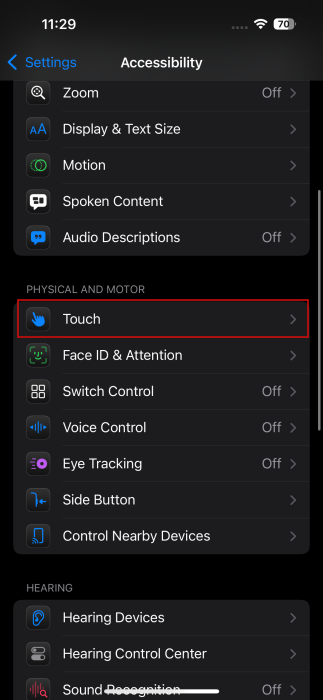 Opting for "Touch" in iPhone Settings.