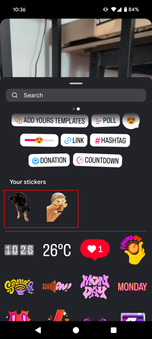 Accessing custom stickers via the Instagram app on Android.